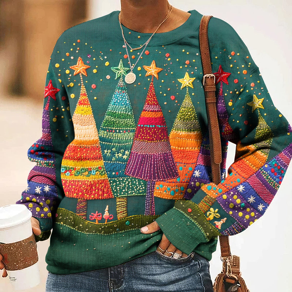 Comstylish Women's Christmas Colorful Christmas Tree Print Casual Sweatshirt