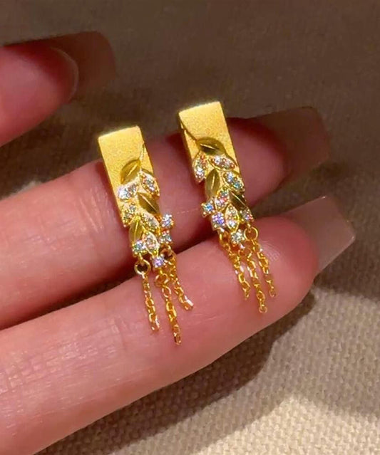 Classy Gold Sterling Silver Overgild Ear of Wheat Fallen Leaves Tassel Drop Earrings