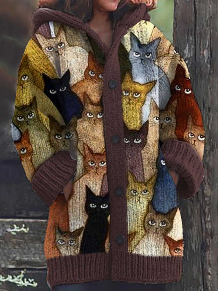 Colorful Cats Pattern Cozy Hooded Cardigan elevenforest