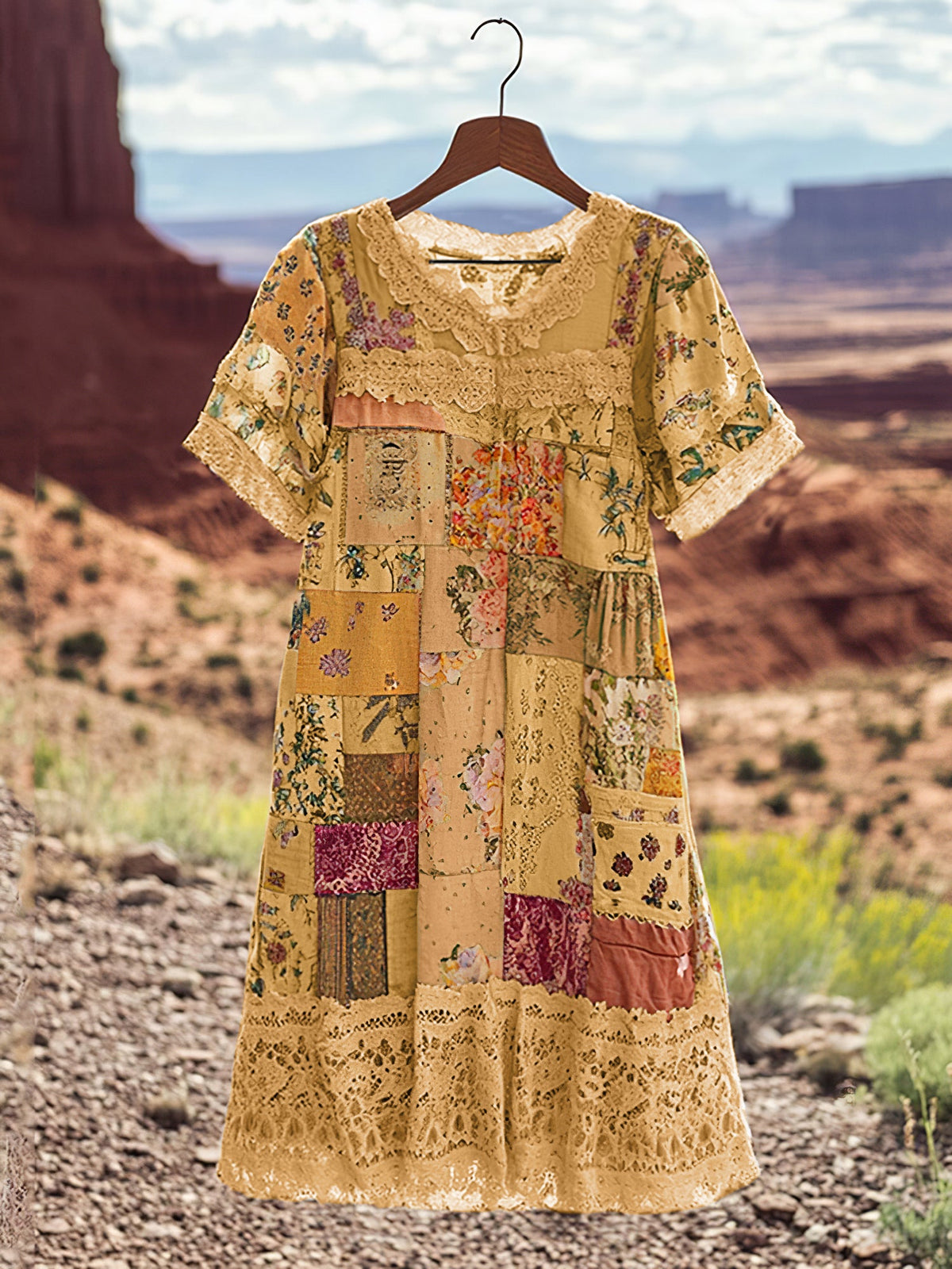 Vintage Floral Patchwork Comfortable Short-sleeved Dress artswardrobe
