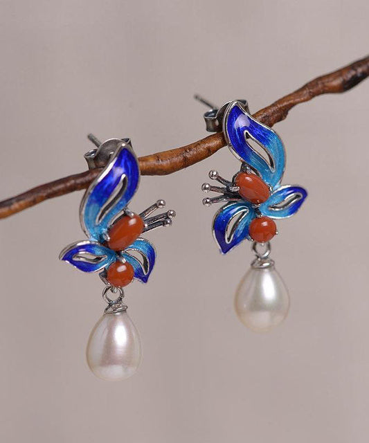 Blue Sterling Silver Cloisonne Jade Pearl Butterfly Stud Earrings