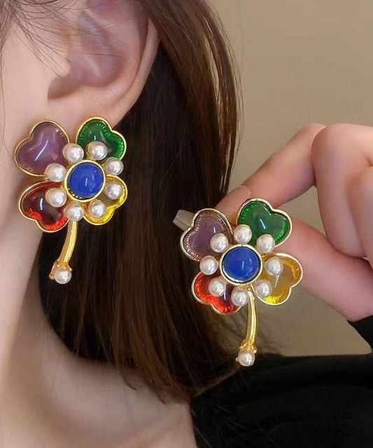 Rainbow Sterling Silver Overgild Pearl Stud Earrings