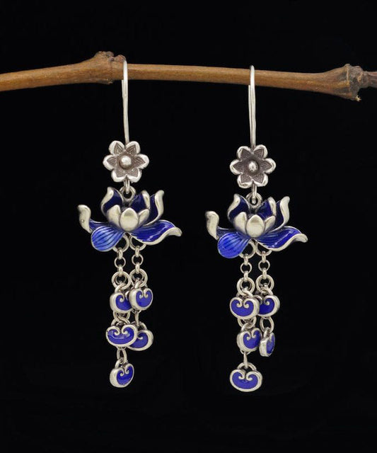 Blue Sterling Silver Cloisonne Lotus Tassel Drop Earrings