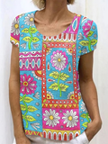 Women's Vintage Floral Art Linen Crew Neck T-shirt artswardrobe