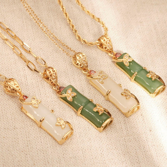 Buddha Stones White Jade Cyan Jade Bamboo Luck Protection Necklace Pendant