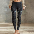 Comstylish Vintage Cute Cat Face With Roses Art Embroidered Cozy Knit Leggings