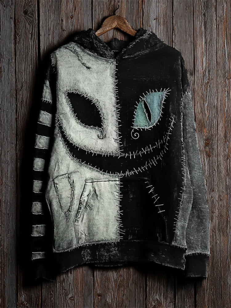 Comstylish Halloween Cat Face Contrast Stitched Striped Washed Hoodie