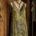 Comstylish Vintage Floral Pop Art Cat Blended Women's Dress