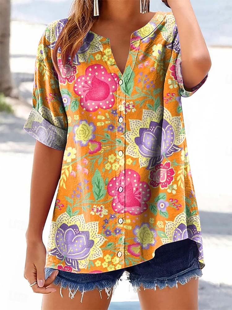 Women's Vintage Floral Pattern Art Print Casual Cotton Linen Shirt
