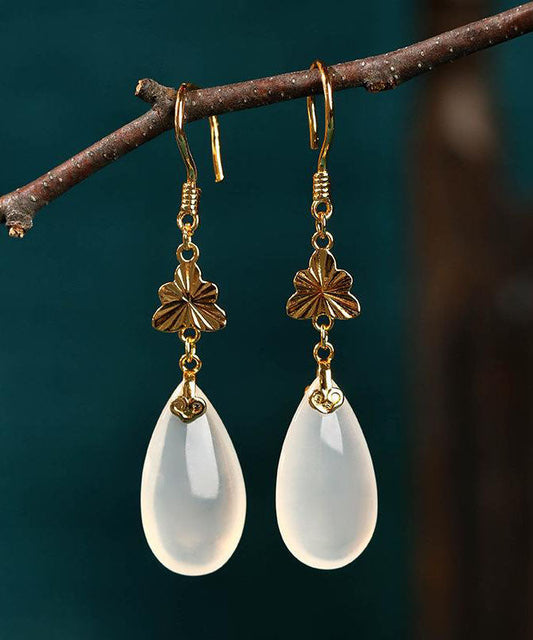 Retro White Ancient Gold Descendants of Royal Families Chalcedony Drop Earrings