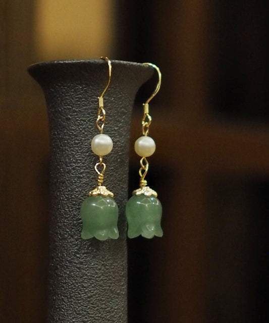 Gold Sterling Silver 14k Gold Jade Pearl Bell Orchid Drop Earrings