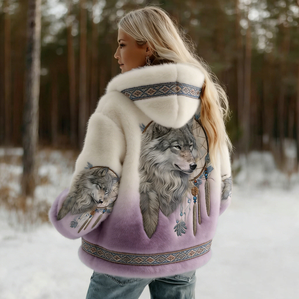 Comstylish Women's Vintage Wolf Art Knit Cozy Flannel Hoodie