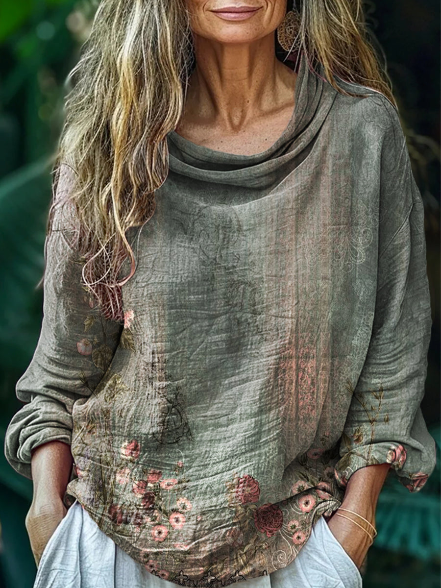 Women's Retro Ethnic Flower Art Print Casual Stacked Lapel Long Sleeve
