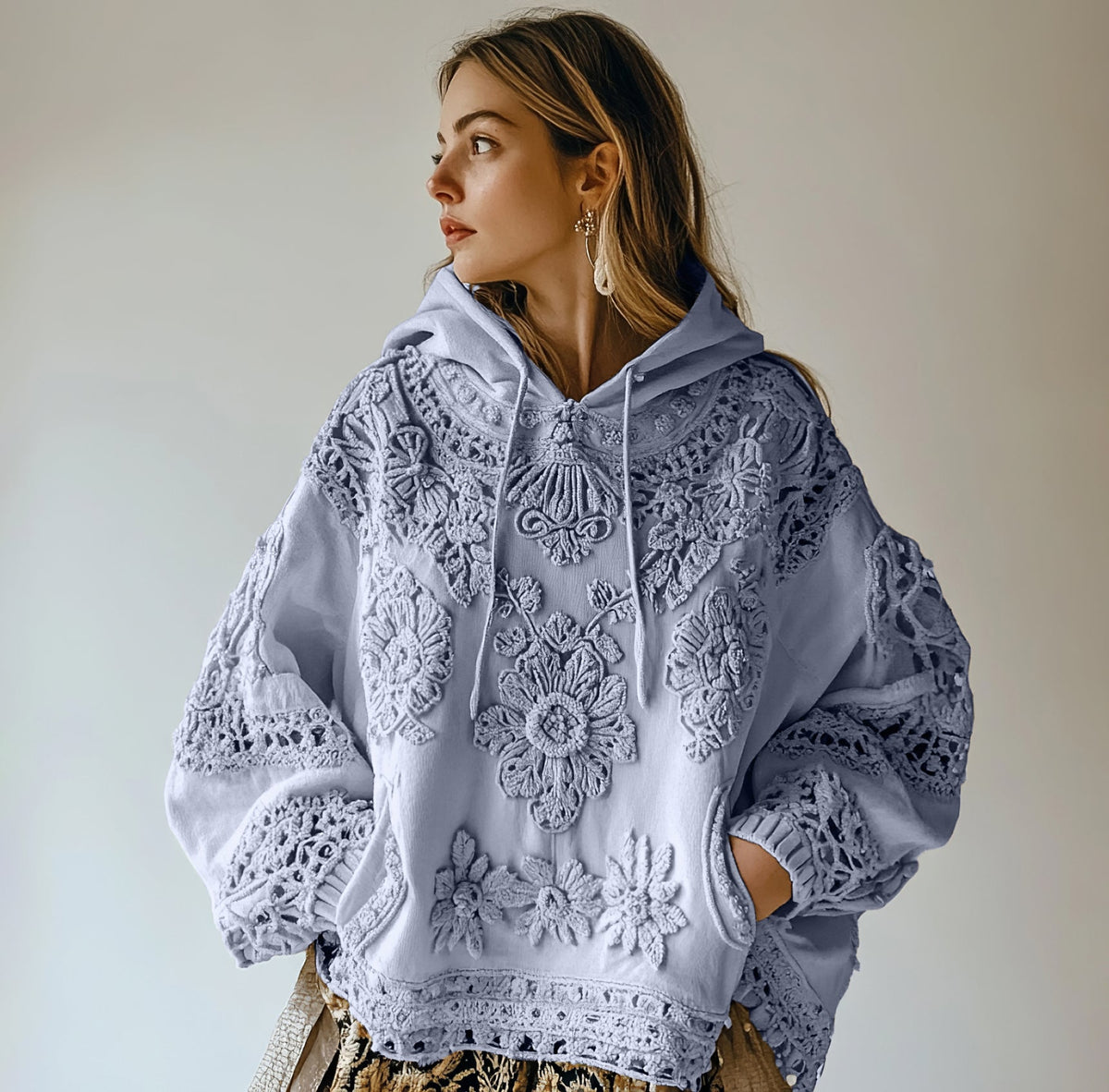 Comstylish Women's Floral Embroidery Art Casual Cozy Hoodie