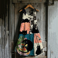 Comstylish Vintage Cute Cats Patchwork Art Linen Blend Tank Dress