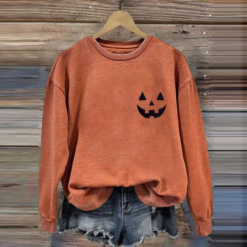 Comstylish Women's Jack-O-Lantern Halloween Print Round Neck Sweatshirt