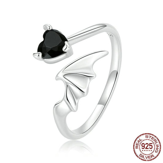 Black Heart Batwing Silver Ring