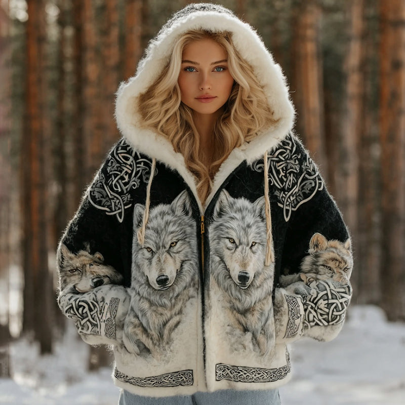 Comstylish Women's Vintage Viking Wolf Celtic Art Cozy Flannel Hooded Jacket