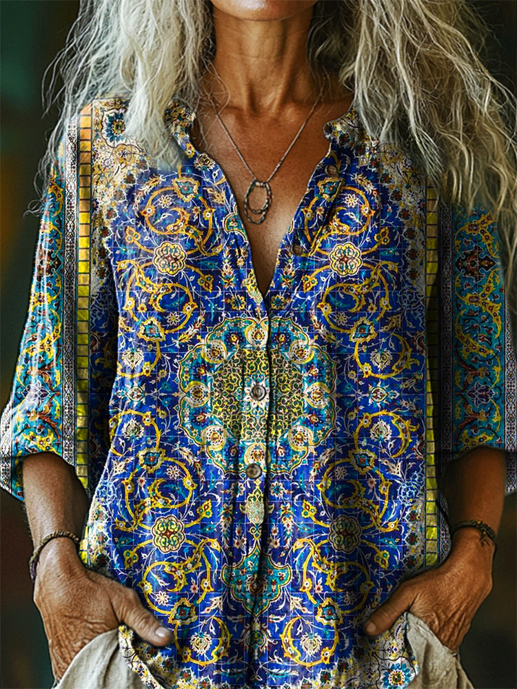Women's Vintage Ethnic Floral Art Print Casual Cotton Linen Shirt