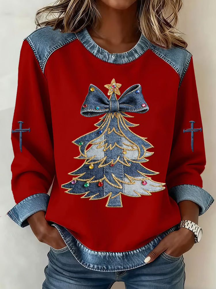 Comstylish Women's Casual Christmas Tree Print Sweatshirt