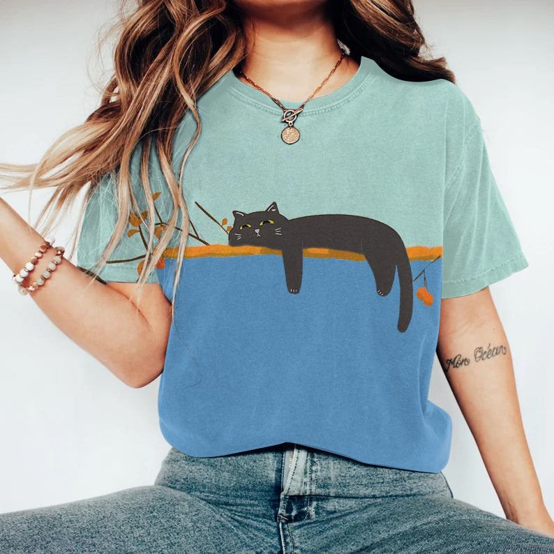 Abstract Creative Lazy Lovely Black Cat Painting Art T-Shirt elevenforest