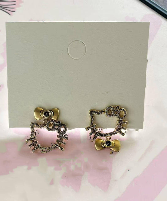 Boutique Gold Copper Zircon Kitty Cat Bow Stud Earrings