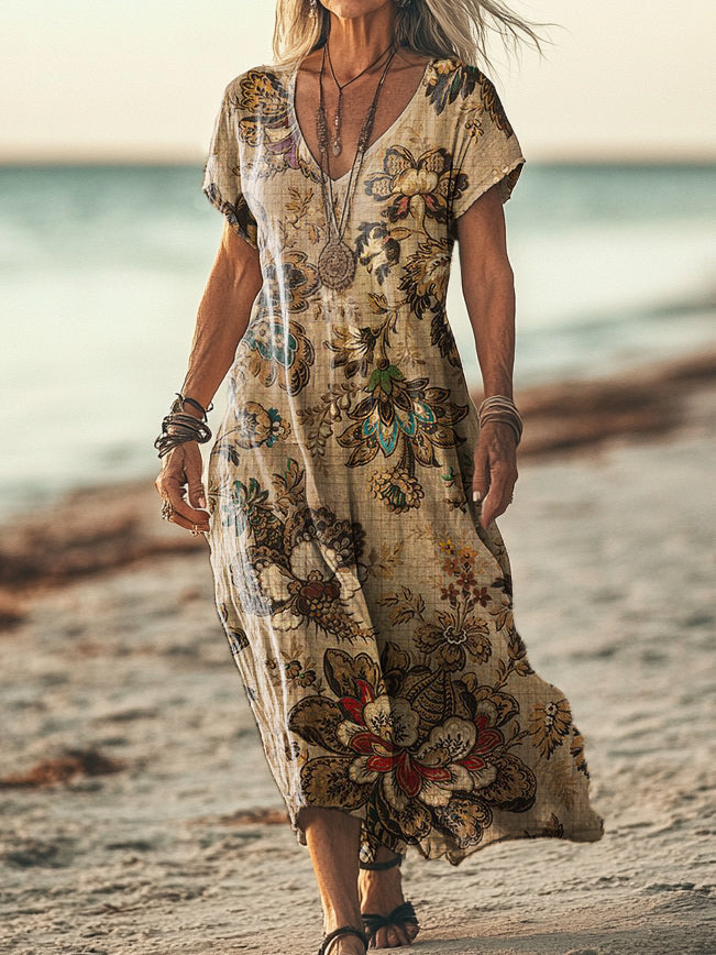 Women's Vintage Floral Art Print Pocket Cotton Dress