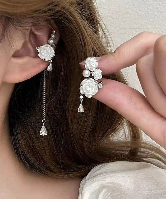 Diy White Copper Zircon Asymmetrical Rose Pearl Tassel Drop Earrings