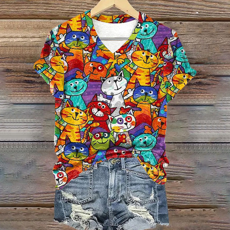 Women's Retro Funny Animal Cat Printed T-shirt elevenforest