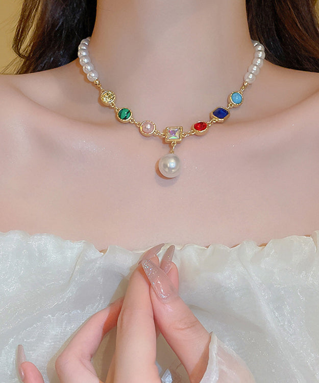 Rainbow Alloy Crystal Pearl Graduated Bead Necklace