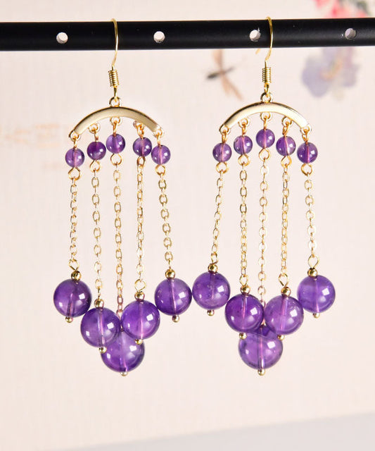 Purple 14k Gold Crystal Tassel Drop Earrings