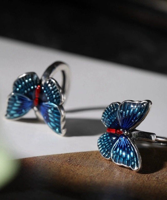 Blue Sterling Silver Butterfly Cloisonne Hoop Earrings