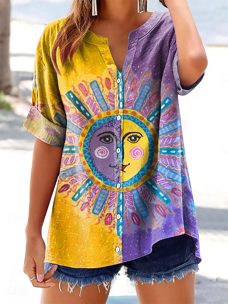Women's Colorblocking Face Sun Pattern Art Print Cotton Linen Casual S