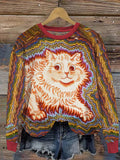 Vintage Psychedelic Cat Print Women's Casual Sweatshirt elevenforest