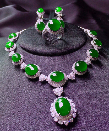 Green Sterling Silver Inlaid Zircon Chalcedony Pendant Necklace