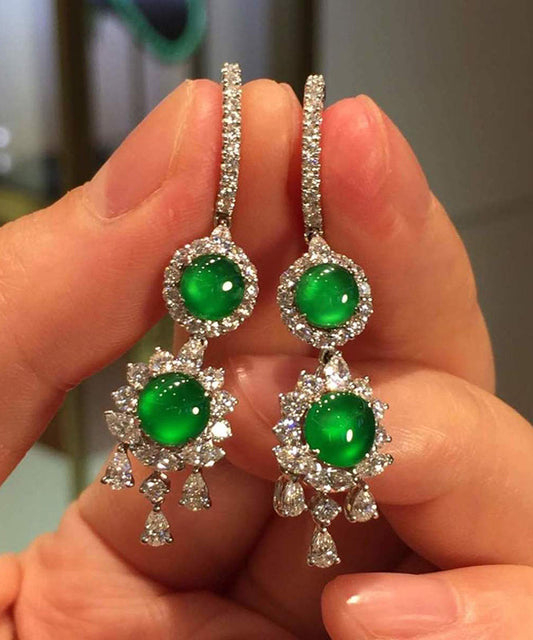 Sterling Silver Inlaid Zircon Jade Tassel Drop Earrings