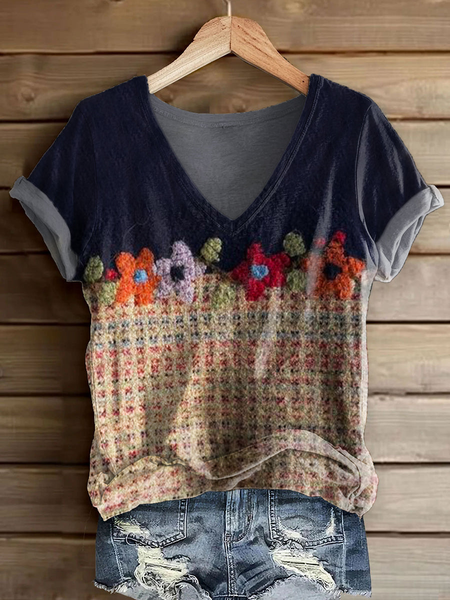 Women's Bohemian Floral Art Print V-neck Casual T-Shirt