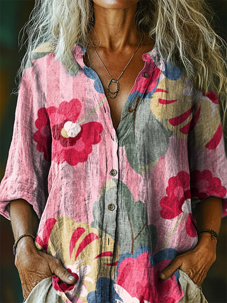 Women's Floral Tattoo Pattern Art Print Casual Cotton Linen Shirt