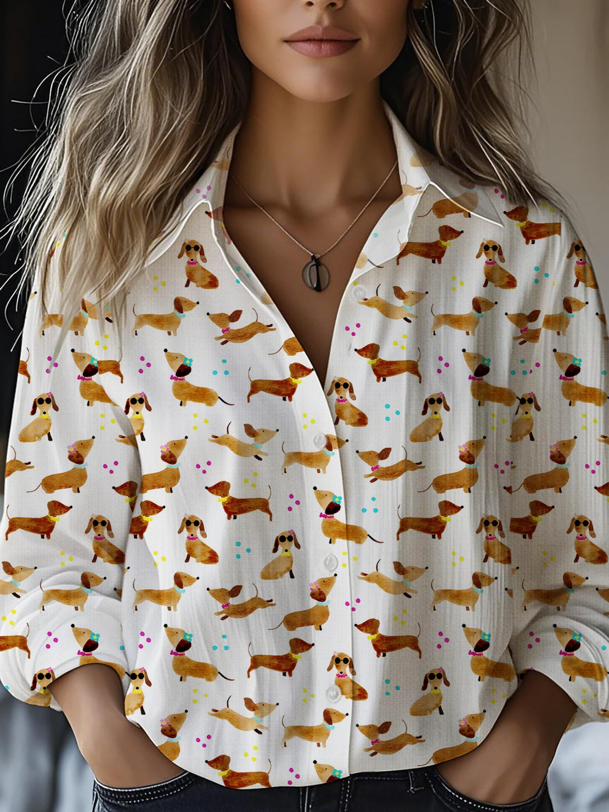 Women's Colorful Cute Puppy Print Casual Cotton Shirt