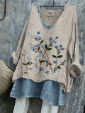 Comstylish Tiny Blue Floral Embroidered Linen Tunic