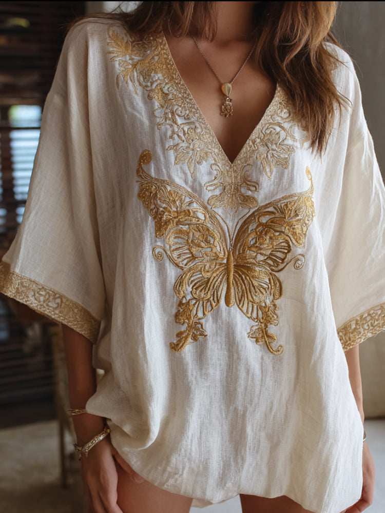 Bohemian-style Golden Butterfly Three-dimensional Embroidery Vintage V-neck Short-sleeved Shirt artswardrobe