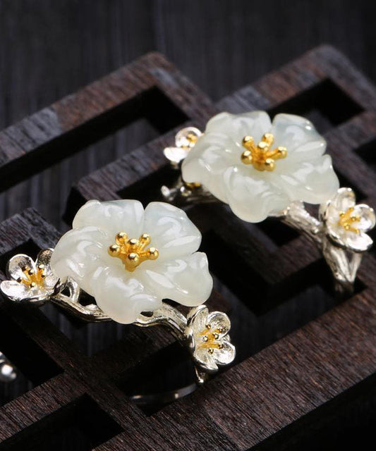Classy White Sterling Silver Inlaid Jade Hoop Earrings