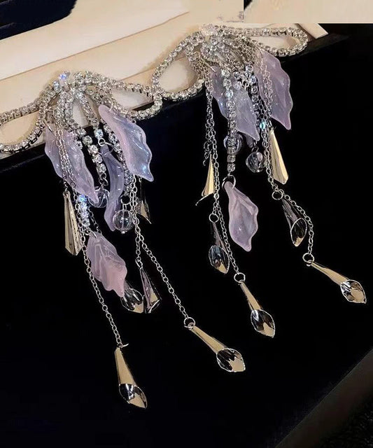 Silk Copper Zircon Acrylic Bow Tassel Drop Earrings
