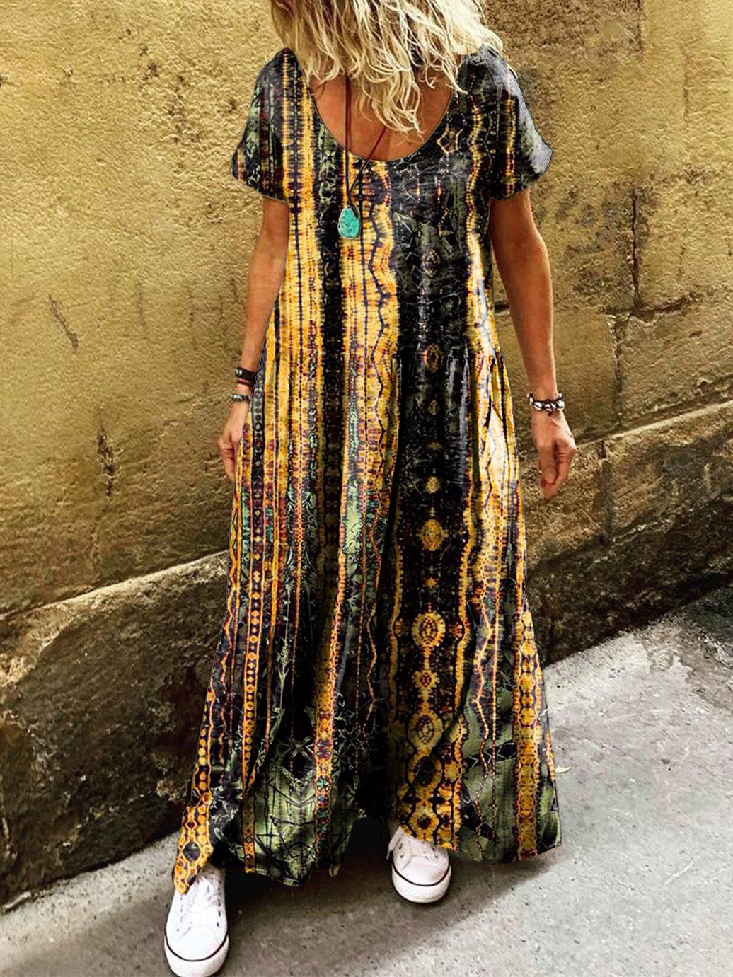 Women's Boho Retro Folk Art Print Pocket Short Sleeve Cotton Dress