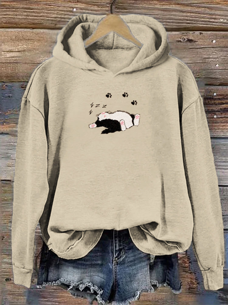 Sleeping Cat Embroidery Women's Hoodie elevenforest