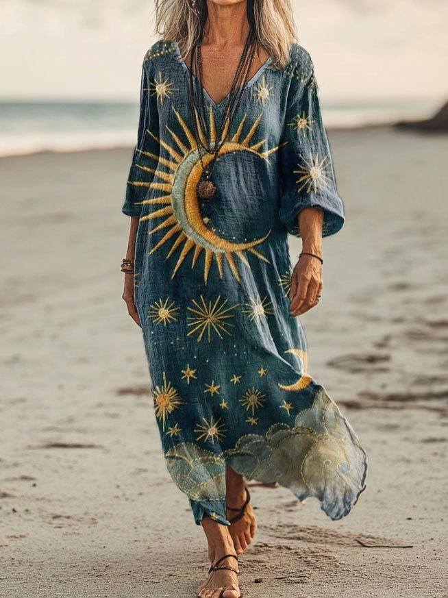 Women's Sun, Moon & Stars Tattoo Pattern Art Print Pocket Cotton Dress