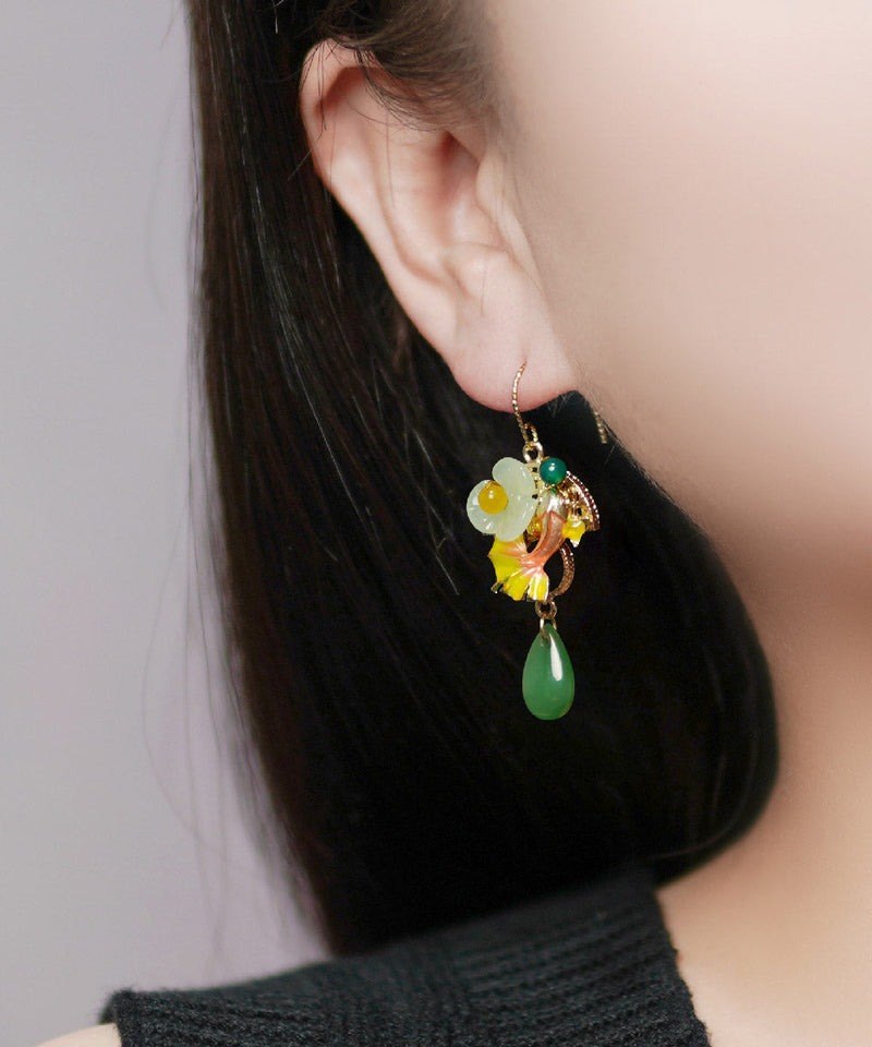 Green Coloured Glaze Chalcedony Agate Cloisonne Fish Drip Drop Earrings