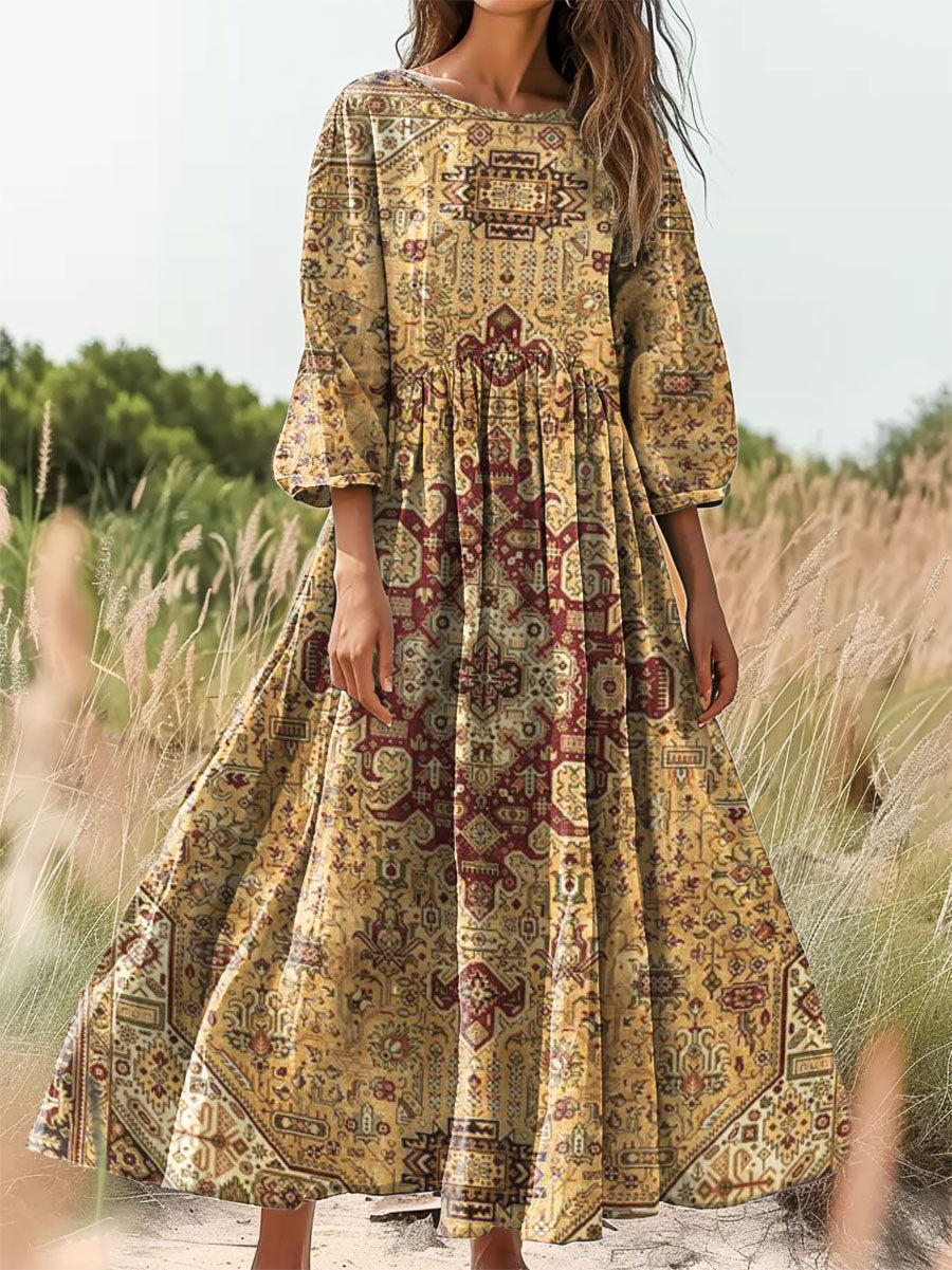 Women's Ethnic Totem Print Flowing Round Neck Pocket Cotton Dress