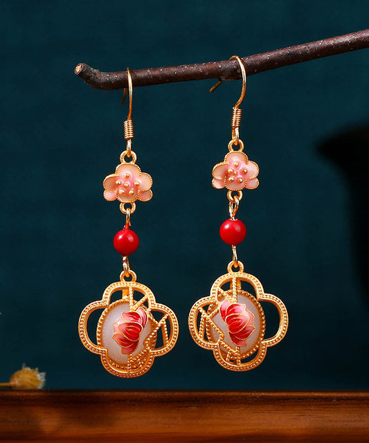 Unique Pink Copper Overgild Jade Enamel Lotus Drop Earrings
