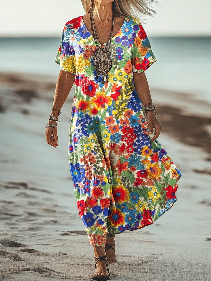 Women's Colorful Floral Art Print Short Sleeve Pocket Cotton Dress